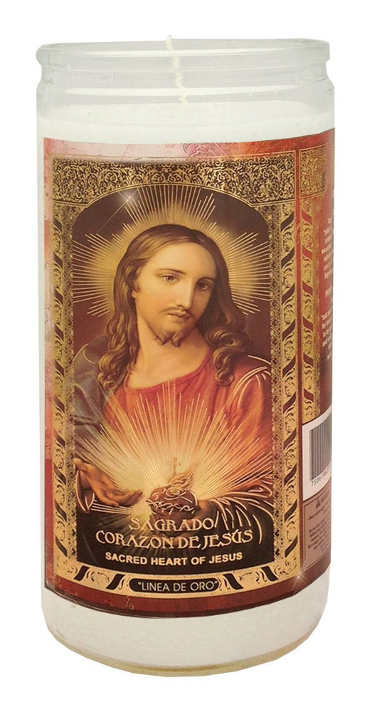 VELADORA 14 DIAS ETIQUETA DORADA SAGRADO CORAZON DE JESUS BLANCA 6/1