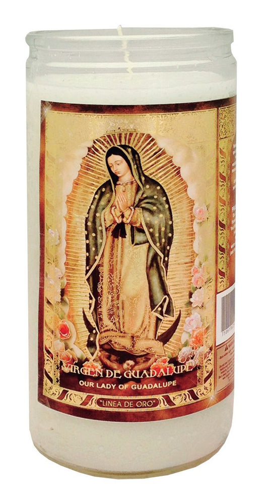 VELADORA 14 DIAS ETIQUETA DORADA VIRGEN DE GUADALUPE 6/1